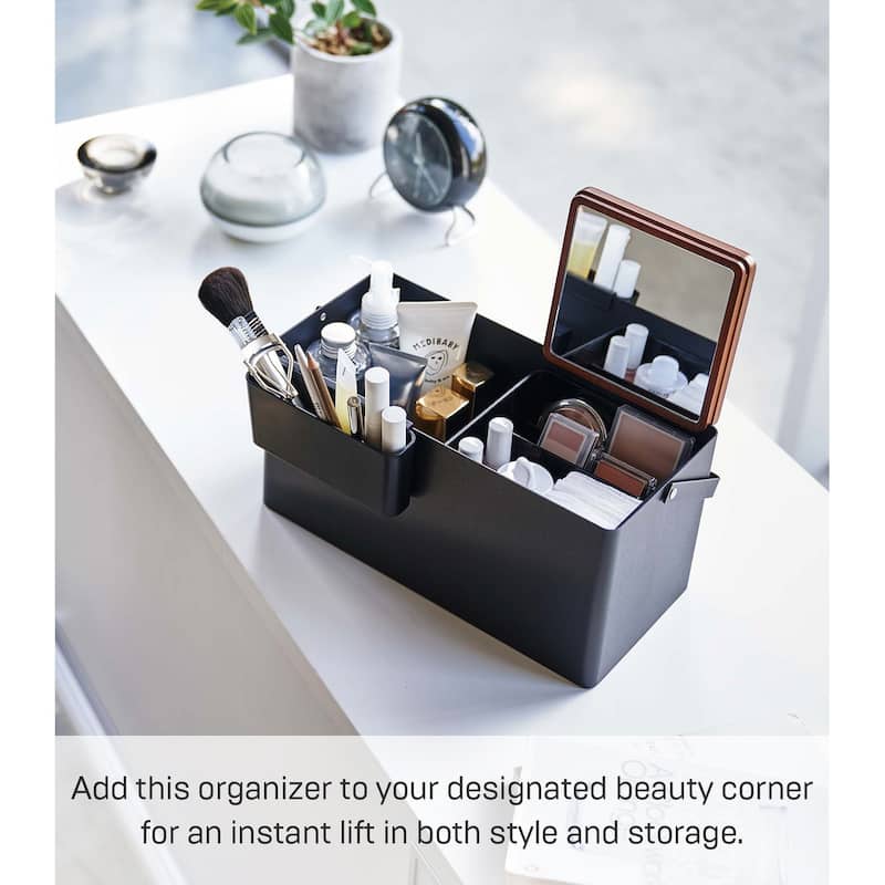Yamazaki Home Makeup Organizer with Mirror, Steel and Wood, Holds 3.3 lbs - L 5.91 x W 12.2 x H 6.18 inches