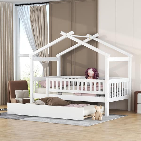slide 2 of 50, Twin Size Wooden House Bed with Twin Trundle - Stylish & Functional Kids' Bedroom Furniture White