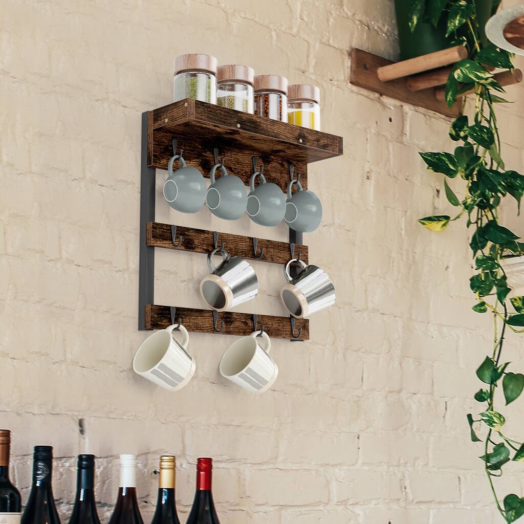 Coffee Mug Display Rack Wall Mounted Shelf with 12 Hooks for Kitchen
