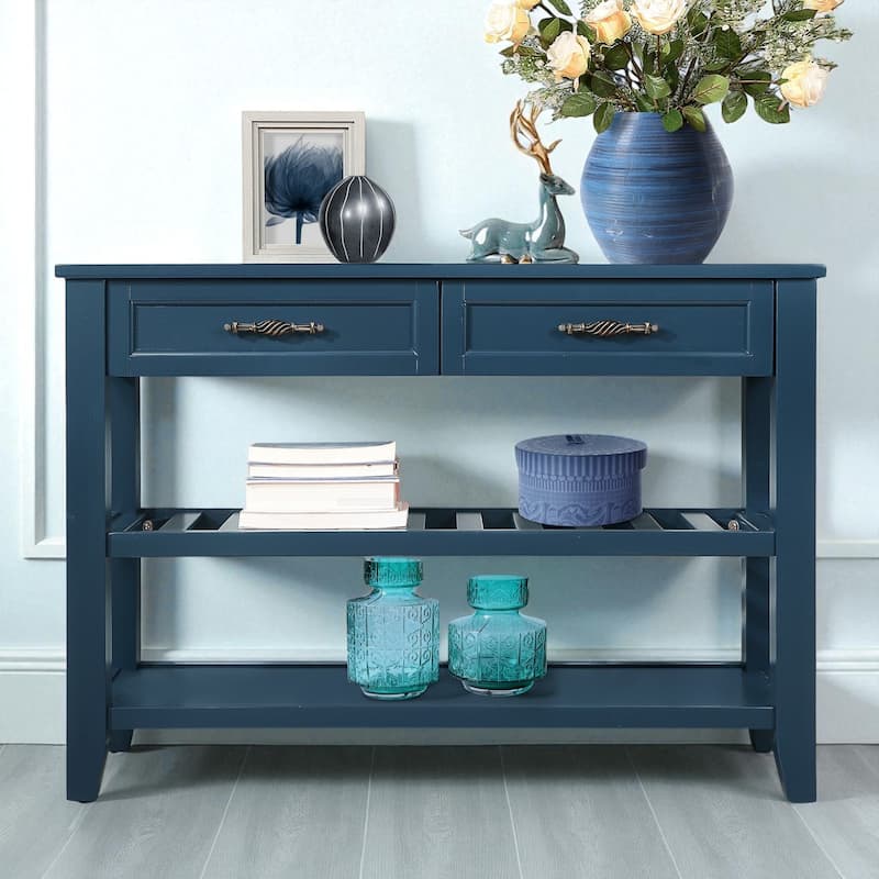 Mid-Century Console Sofa Table with Drawers and Shelves, 42 Inch Solid Wood Sideboard for Entryway and Hallway - Navy Blue