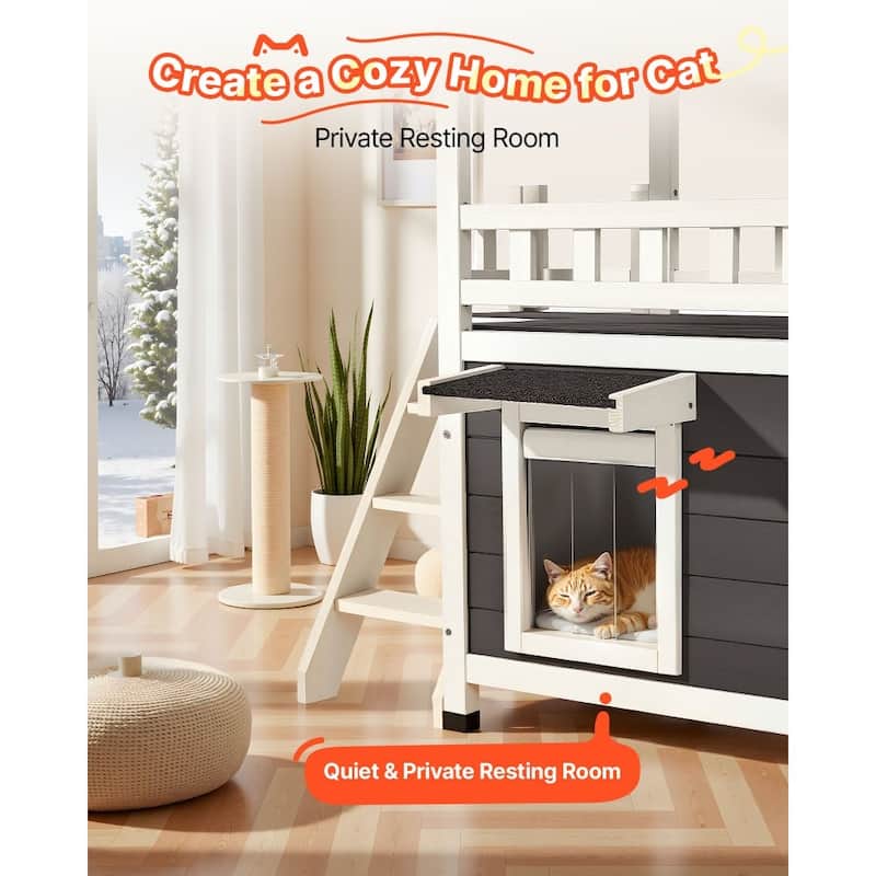 Outdoor Wooden Cat House with Balcony and Waterproof Roof Elevated Shelter for Sunbathing