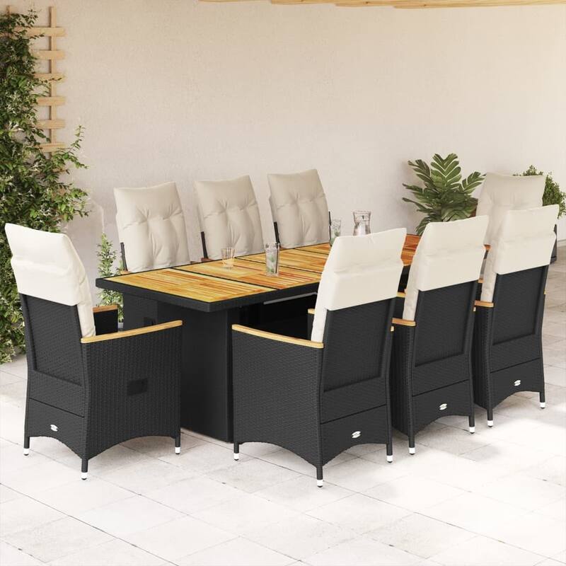 vidaXL Bistro Set Black PE Rattan, Powder-Coated Steel, Solid Acacia Wood - 35.4 x 94.5 x 29.5 - Black-Without footrest