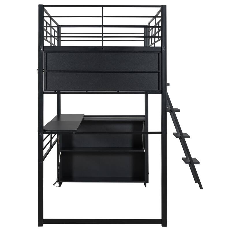 Full Size Loft Bed with Desk, LED Shelves, and Storage - Metal Frame with Guardrails and Ladder, Space-Saving Design for Teens