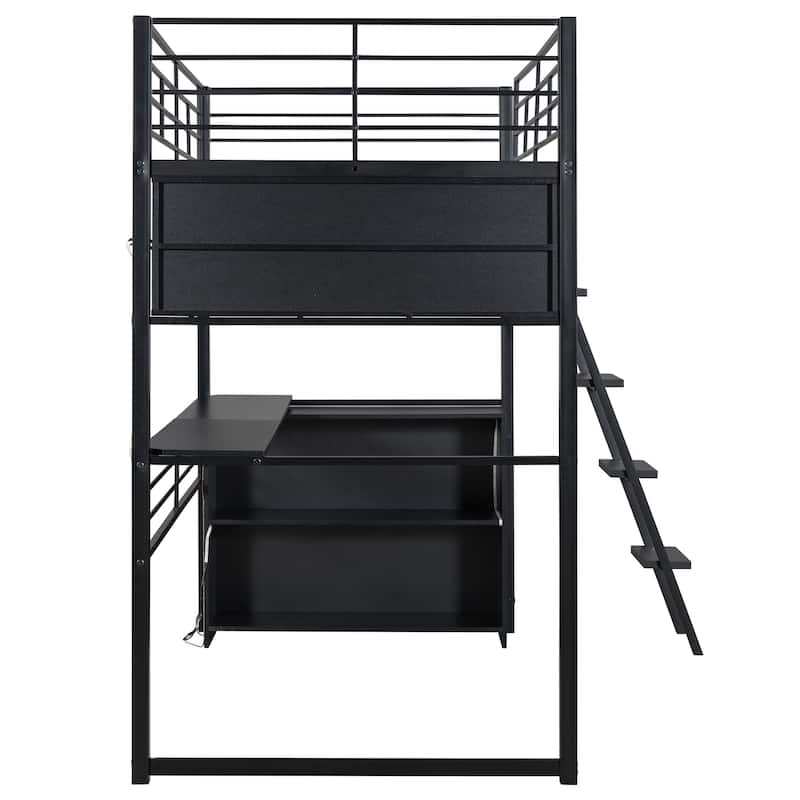 Twin Size Metal Loft Bed with LED, Desk, and Storage Shelves
