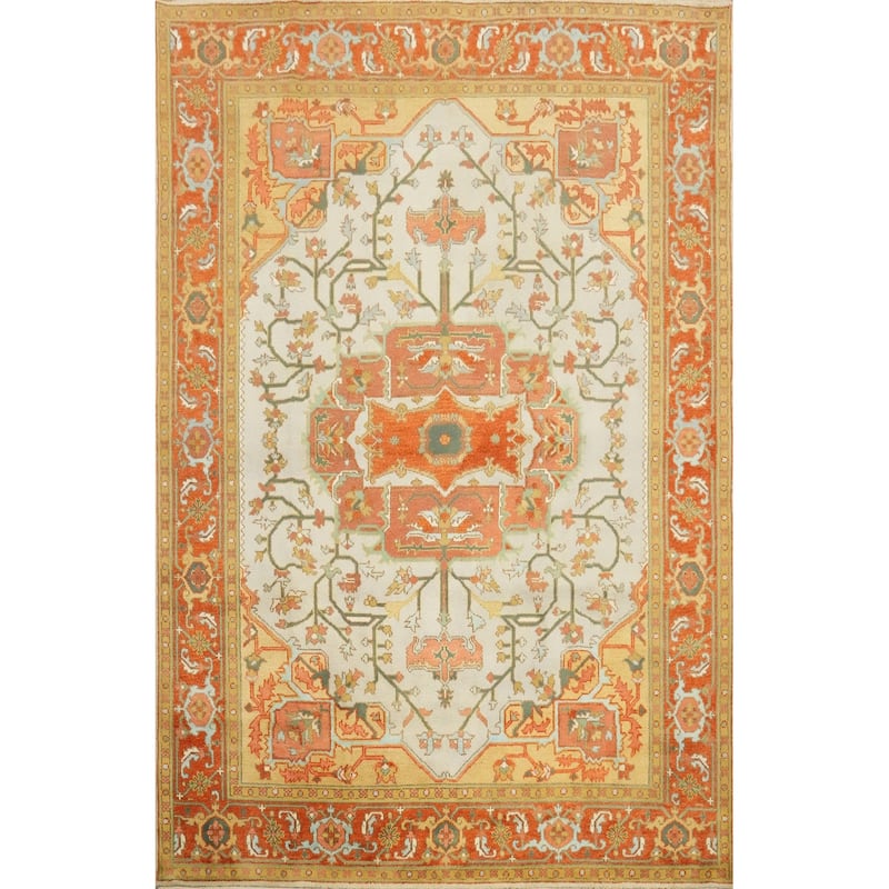 Hand Knotted Oriental 100% Wool Carpet Transitional Medallion Beige & Ivories Oushak Area Rug - 11' 9'' X 9' 0''
