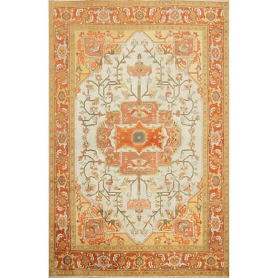 Hand Knotted Oriental 100% Wool Carpet Transitional Medallion Beige & Ivories Oushak Area Rug - 11' 9'' X 9' 0''