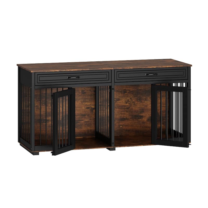 Furniture Style Double Dog Crate with Drawers, 64.6" Wooden Pet Kennel End Table, Removable Divider, Heavy Duty Metal Bars