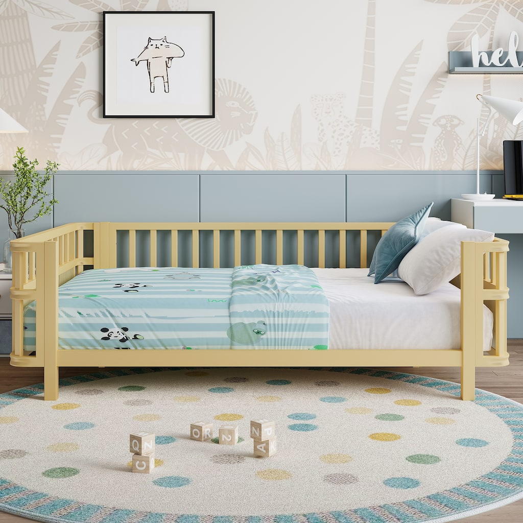 Children's double wooden platform bed with railings, a low iron double bed with railings, suitable for girls and boys (Full)