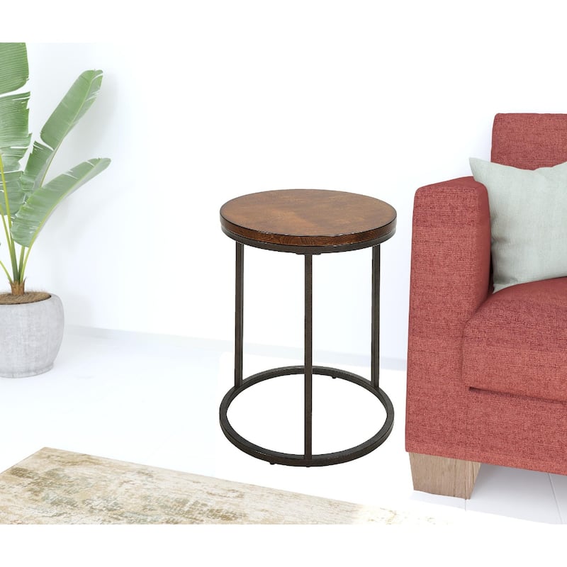 Grey Wood Round End Table with Black Iron Sled Base and Modern Accent Table