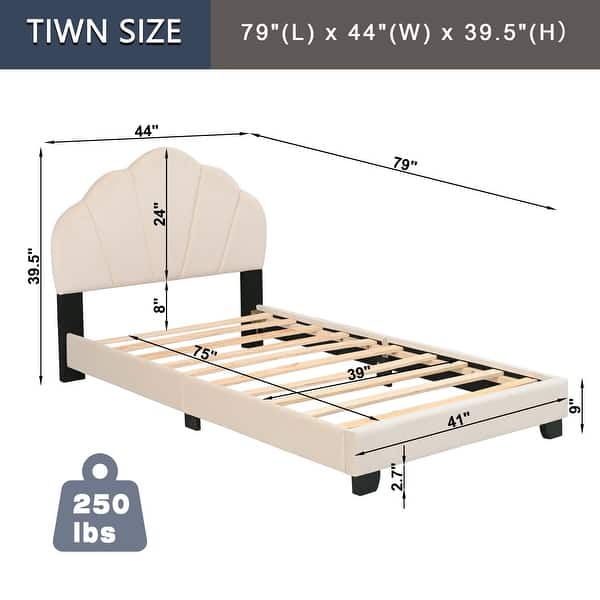 Kids Twin Platform Bed Frame wFlower Headboard Upholstered Bed, Beige