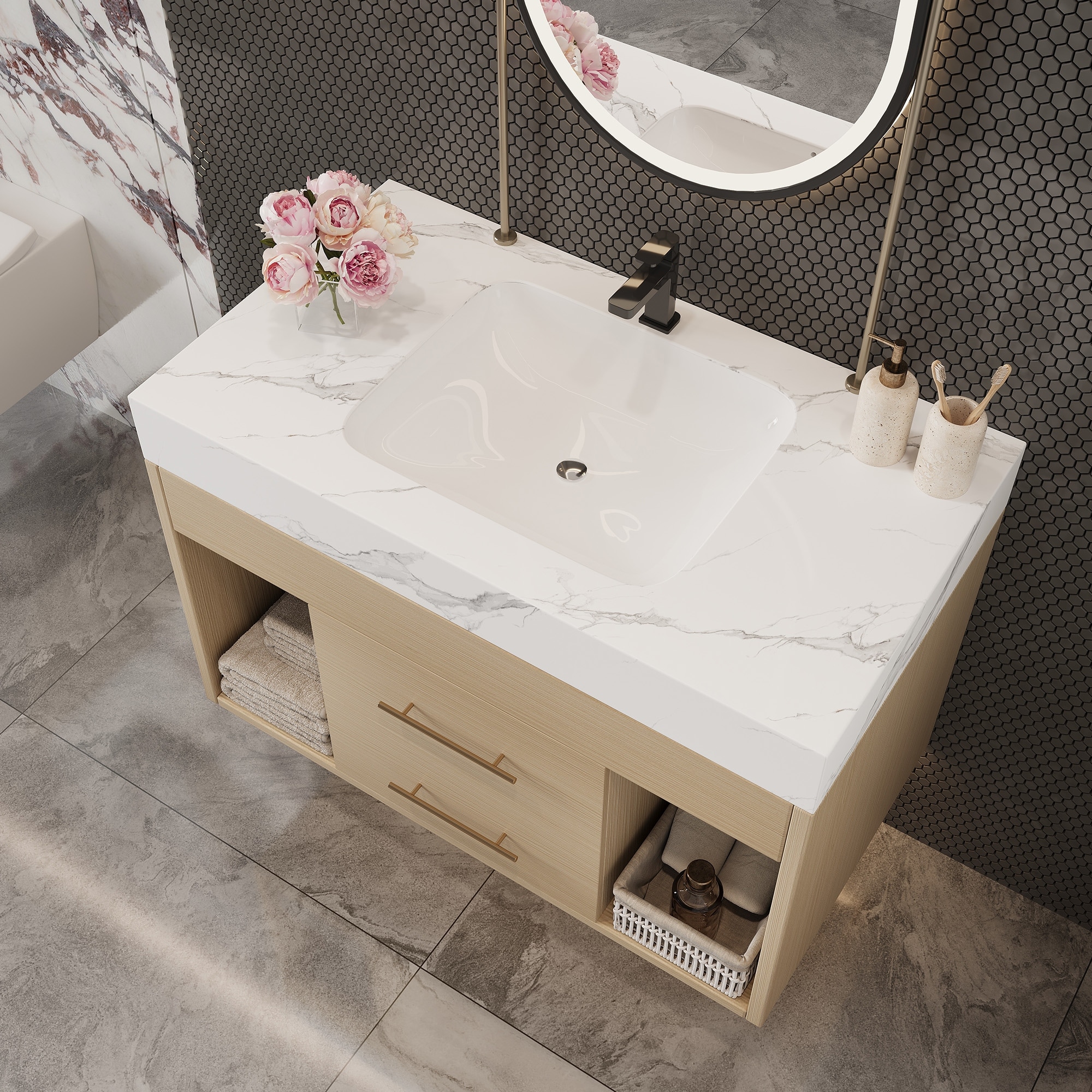 29.9" Modern Floating Bathroom Vanity, Sintered Stone Top, Ceramic Undermount Sink, Wall-Mounted for Small Bathrooms