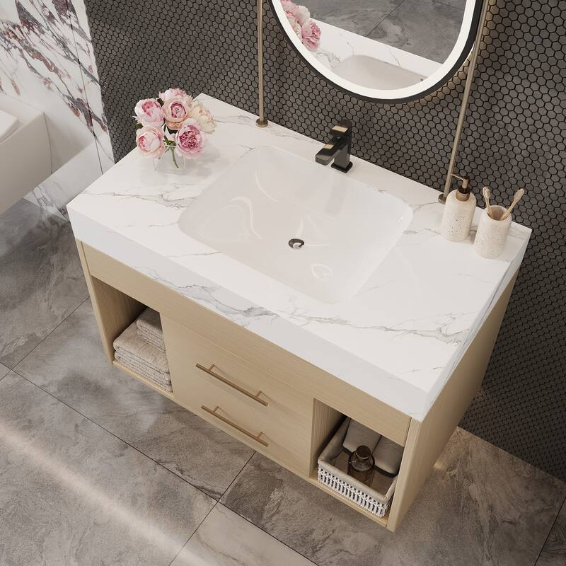 29.9" Modern Floating Bathroom Vanity with Sintered Stone Top Ceramic Undermount Sink Wall-Mounted for Small Bathrooms - White,Wood