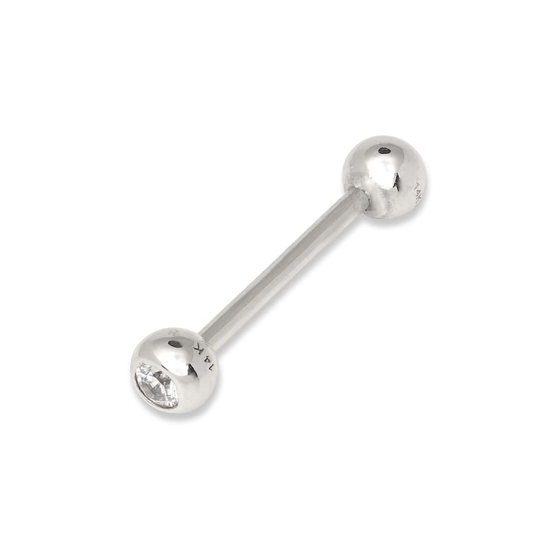 Curata Solid 14k Yellow or White Gold 14G 5mm Bezel Cubic Zirconia Straight Barbell Tongue Ring