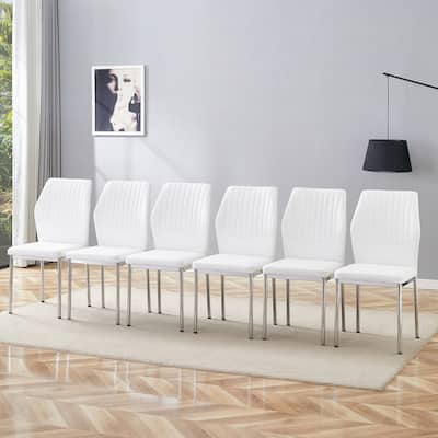 Luxury Simple Chair Set of 6 PU High Resilience Dining Chair with Metal Silver Leg Kitchen Armless Side Chair