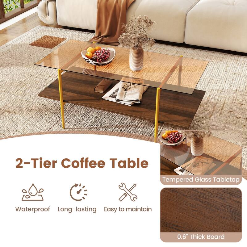 Gymax 2-Tier Glass Coffee Table w/ Tampered Glass Tabletop & Open
