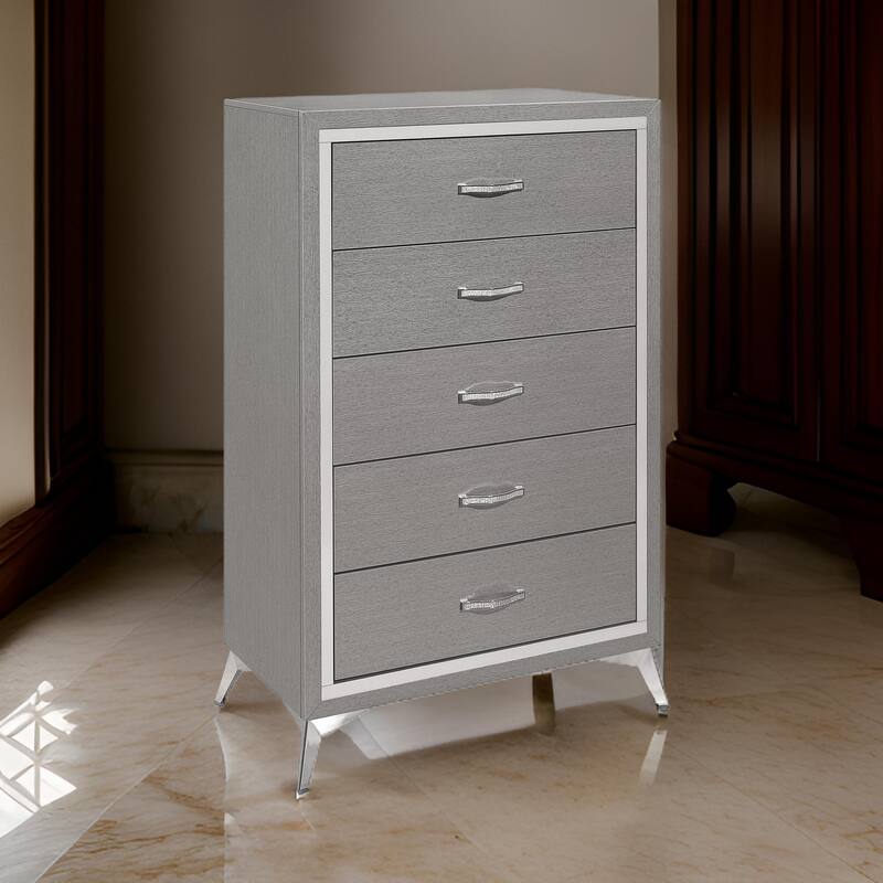Sami 49 Inch Tall Dresser, 5 Drawers, Mirror Trim, Embossed Texture, Gray