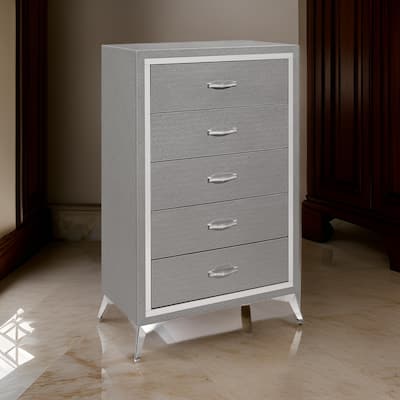Sami 49 Inch Tall Dresser, 5 Drawers, Mirror Trim, Embossed Texture, Gray