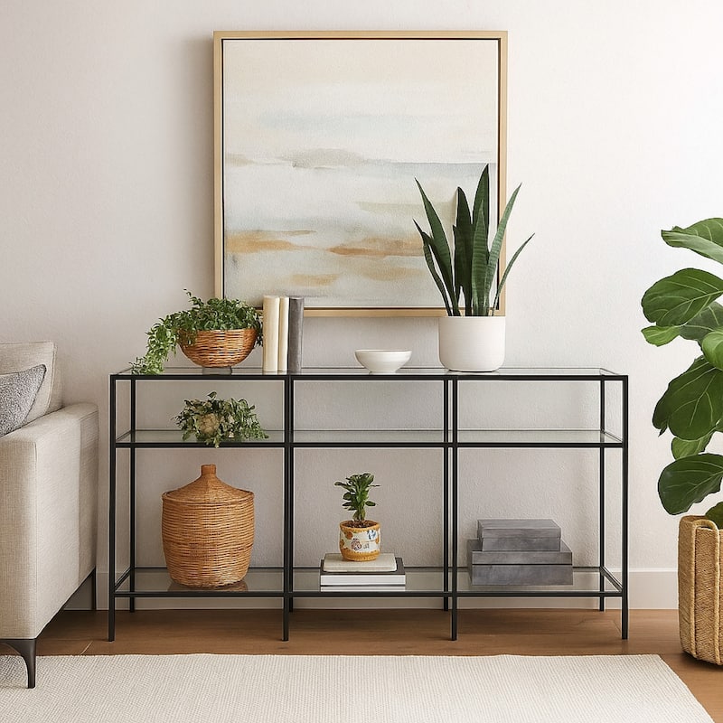 Woly Plant Stand Rack, 2 Glass Shelves, 59 Inch Industrial Black Metal