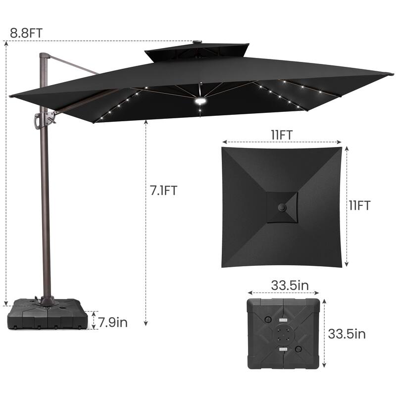 11 ft Solar Powered LED Aluminum Patio Cantilever Umbrella 360-degree Rotation with Weights Base