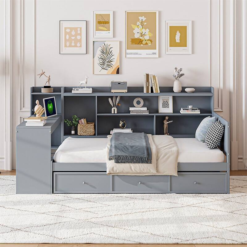 Twin/Full Daybed with 3 Storage Drawers and Bedside Desk, Wooden Day Bedframe Sofa Bed with Storage Shelves and USB Ports