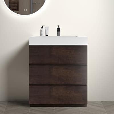 30" Walnut Large Storage Freestanding Vanity for Modern Bathroom, One-Piece White Sink Basin without Drain and Faucet
