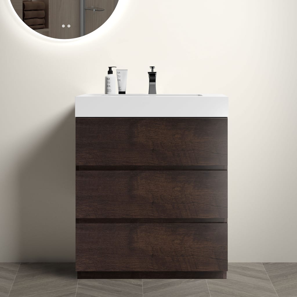 GDFStudio - Alice Freestanding Bathroom Vanity with One-Piece Sink, Modern Handle-Free Design, Pre-Assembled