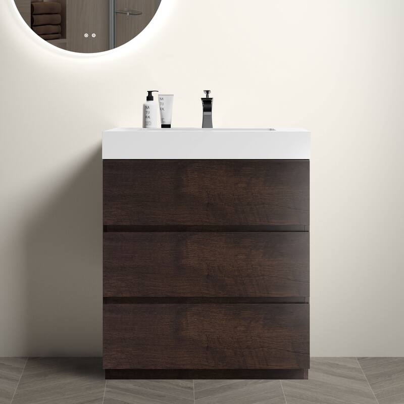 GDFStudio - Alice Walnut Freestanding Bathroom Vanity with One-Piece Matte Black Sink, Modern Handle-Free Design, Pre-Assembled - 30" - White+walnut