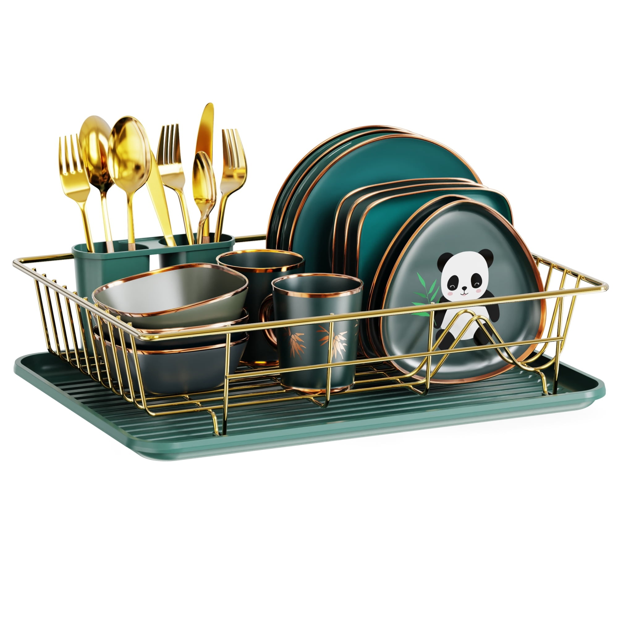 Dish Drying Rack Dish Drainer with Tray Utensil Black Golden