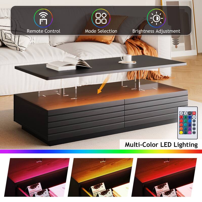 47.2" High Gloss LED Coffee Table for Living Room, Modern Rectangular 2-Tier Center Table with 2 Drawers & Open Storage