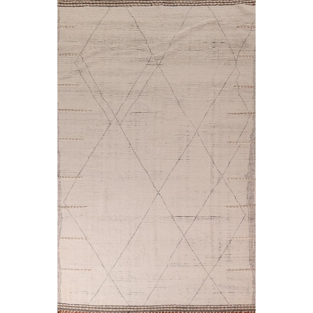 All-Over Ivory Moroccan Modern Area Rug Hand-Knotted Wool Carpet - 8'7"x 12'7"