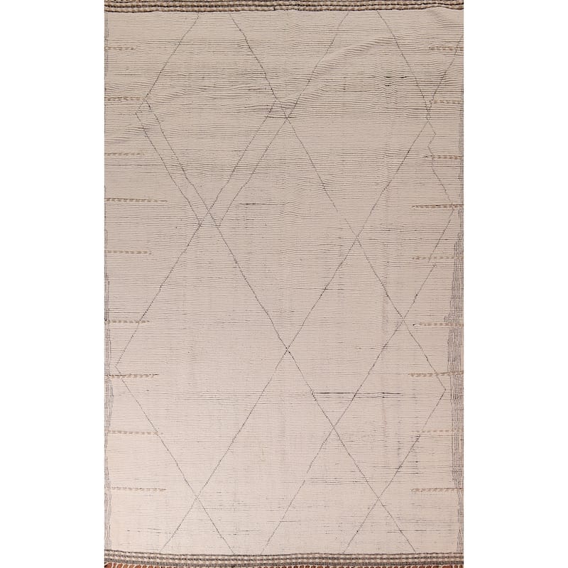 All-Over Ivory Moroccan Modern Area Rug Hand-Knotted Wool Carpet - 8'7"x 12'7"
