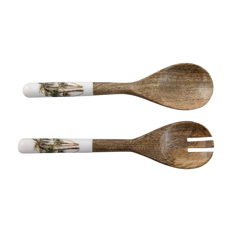Mango Wood Salad Server Set Of 2 With Print
