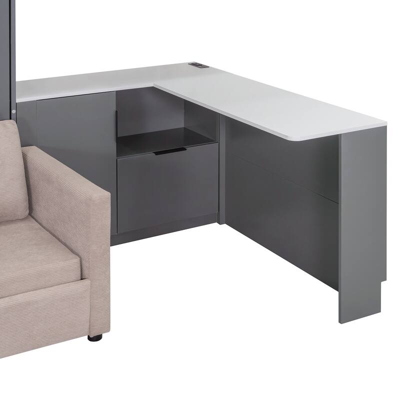 Queen Size Murphy Bed with Sofa, Space Saving Wall Bed with Desk Storage Shelves and Drawers for Home Office Pull Down Bed