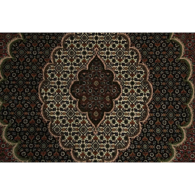 Hand Knotted Oriental Wool & Silk Carpet Traditional Geometric Red Tabriz-Mahi Area Rug - 10' 2'' X 6' 8''