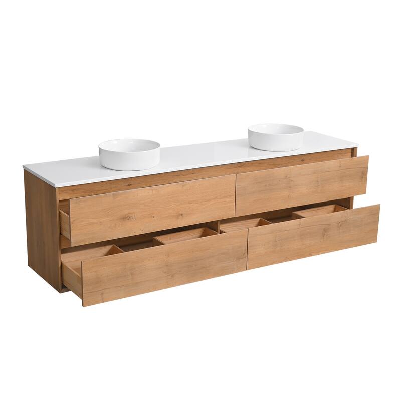Sylphar 84 inch Toffee Oak Floating Bathroom Vanity with White Quartz Top