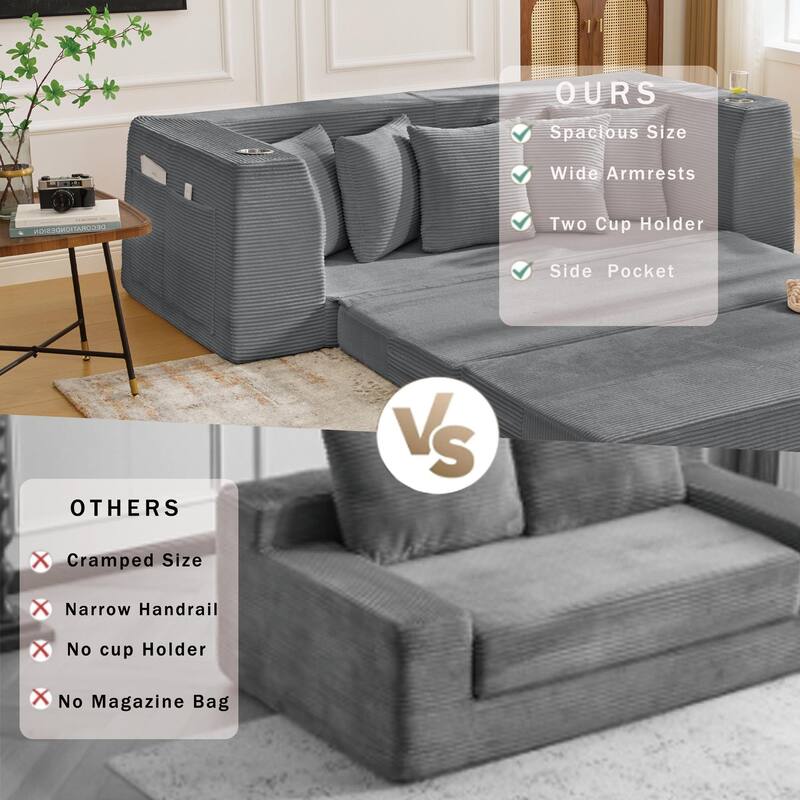 Modern Convertible Loveseat Sofa Bed, Corduroy Fabric Foldable Floor Couch w/5 Pillows, Side Pockets & Cup Holders, No Assembly