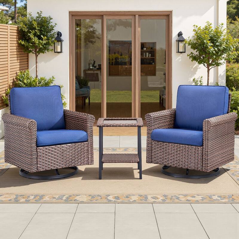 Pocassy Outdoor Sofa Swivel Chairs Patio Chair Funiture Set - 3PCS Swivel Chairs w/ Table - Brown Wicker Beige Cushion