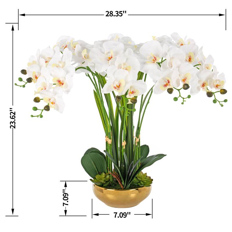 8 Pieces Nearly Natural Plastic Phalaenopsis Orchid with Green Leaf in Gold-Plated Ceramic Basin - 23.62" H x28.35" W x 28.35" D