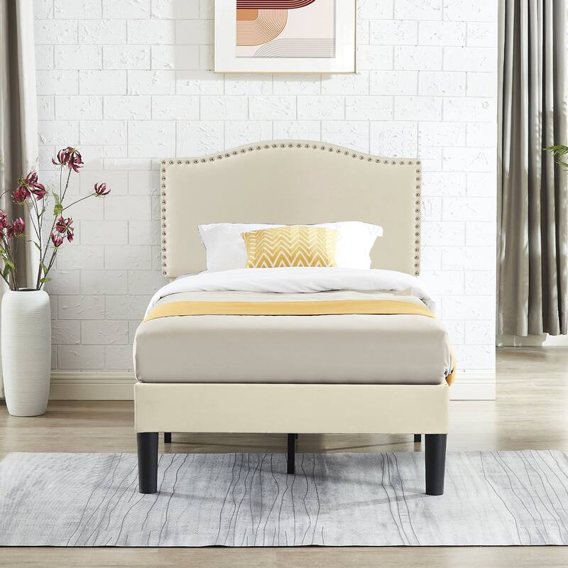 Javlergo Upholstered Platform Bed Frame with Adjustable Headboard, Strong Frame and Wooden Slats Support, Easy Assembly - Beige - Twin