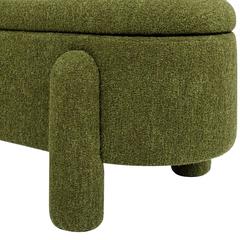 Oval Upholstered Storage Bench, Boucle Fabric Entryway Bench, Shoe Bench with Hidden Storage Space & Round Legs