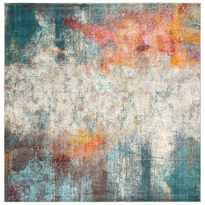 SAFAVIEH Luxor Merilyn Modern Abstract Ivory / Blue Rug - 6'7" Square - Ivory/Blue