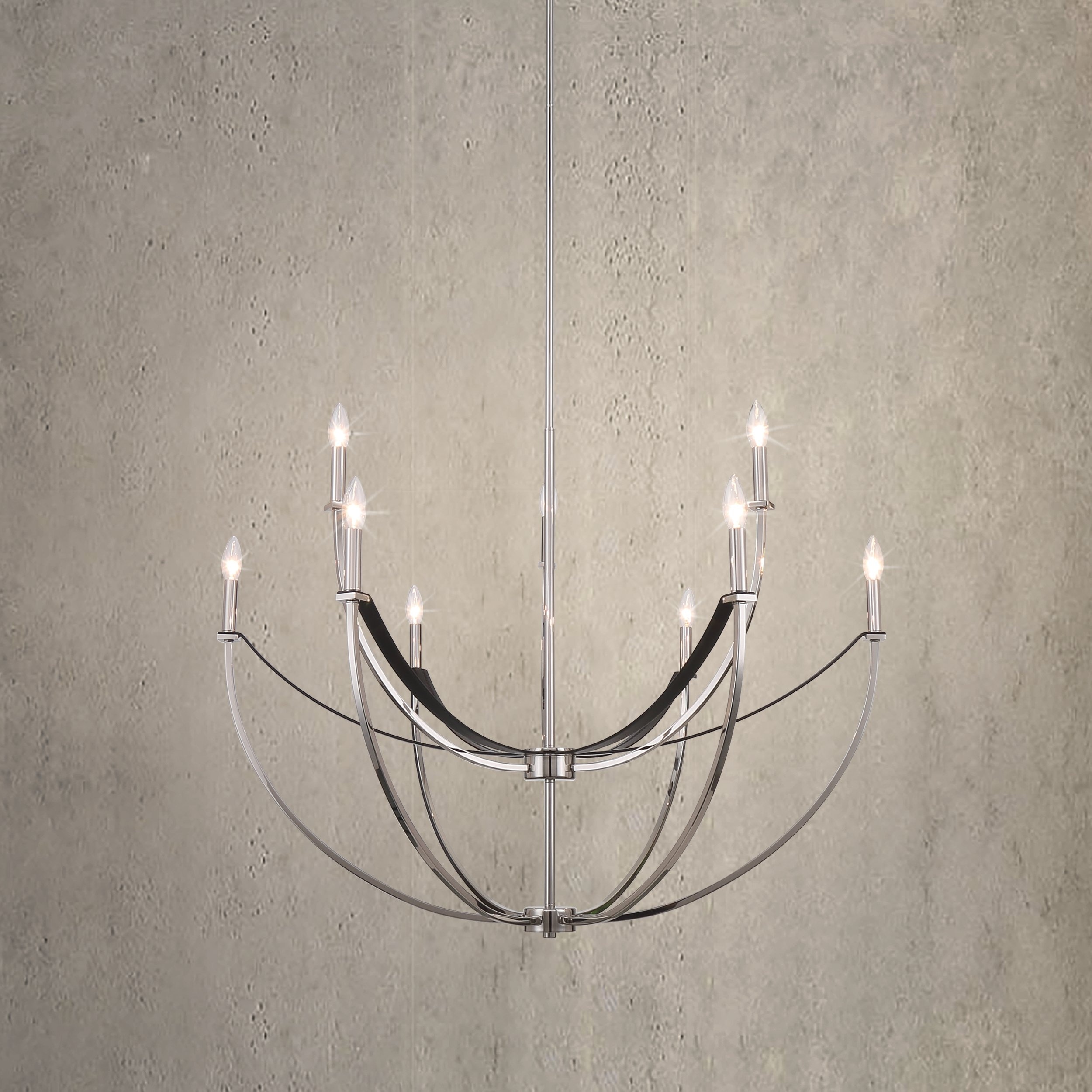 Sussex 40-inch 9-light Polished Nickel and Black Faux Leather Chandelier - L: 40.25" x W: 40.25" x H: 30.5" x M-H: 87.5"