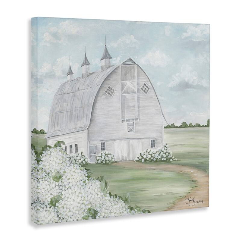 Stupell Soft Country Landscape White Barn and Hydrangeas Canvas Wall Art