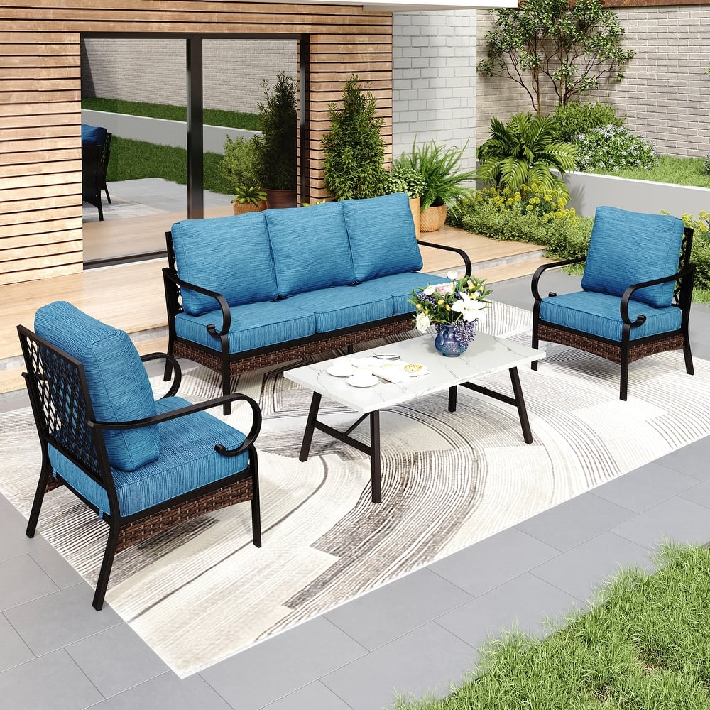 MAISON ARTS 5-Seat Outdoor Patio Furniture Sets, 2 x Cushioned Chairs, 1 x 3-Seat Sofa with Marbling Coffee Table