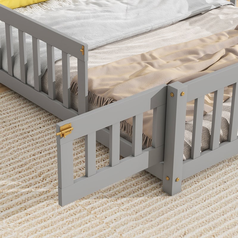 Twin House-Shaped Headboard Floor Bed with Fence, Fun & Safe Kids Bed