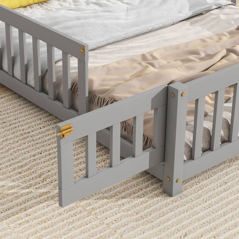 Wooden House Shaped Bed Frame without Slats, Full Size Floor Bed with Fence and Door
