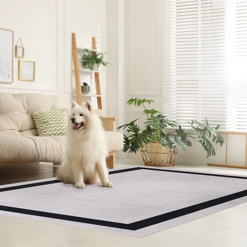 Machine Washable Area Rug With Non Slip Backing - Everest Geometric Modern Border Design