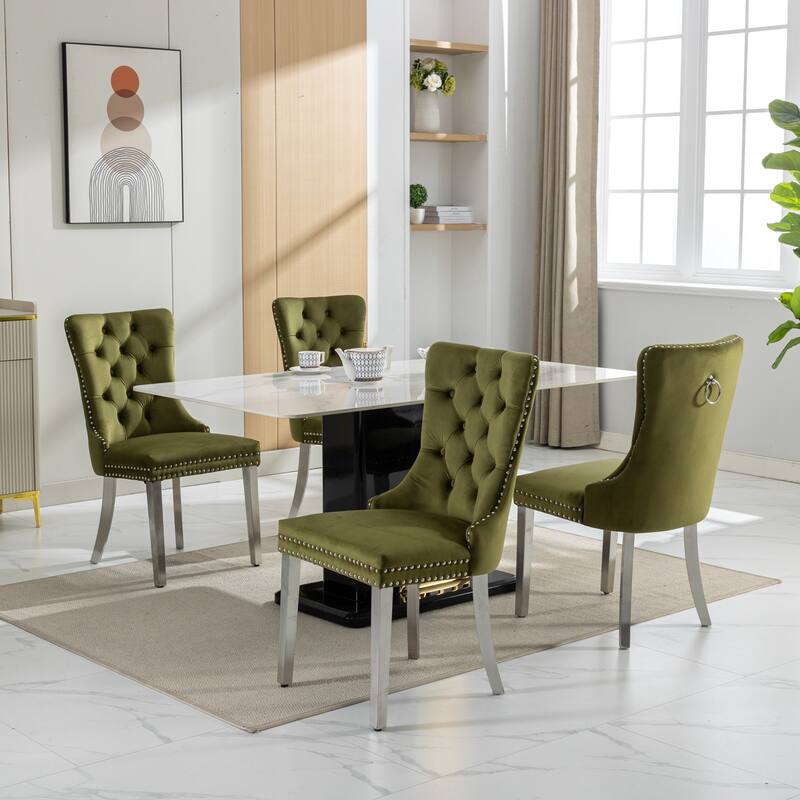 Set of 2 Velvet Dining Chairs with Nailhead Trim and Chrome-Plated Stainless Steel Legs