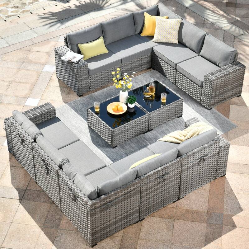 OVIOS Patio Wicker Furniture Wide Arm 12-piece Set with Table - Grey