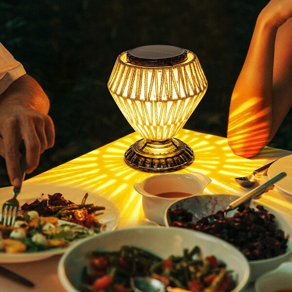 Solar Panel Rattan Woven Lights Dimmable Nightstand Desk Lamp